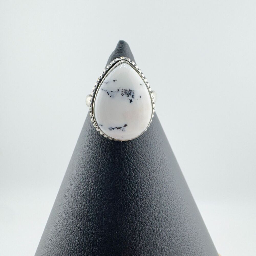 Southwestern White Stone Black Matrix Teardrop Ring Silver Tone Boho Southwester - Picture 5 of 8